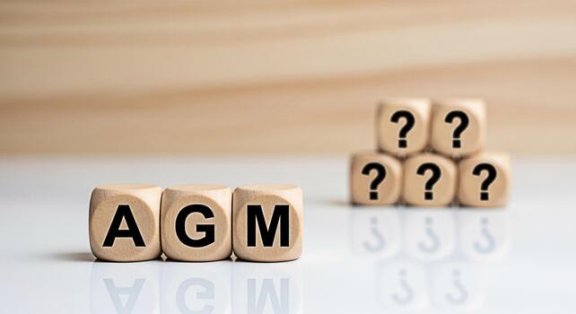 de madera bloques mostrando agm y pregunta marcas simbolizando incertidumbre y el anual general reunión en un corporativo ajuste creando un sentido de anticipación y estratégico planificación para el futuro foto