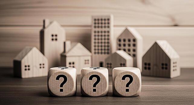 Wooden dice displaying question marks in front of a miniature wooden house model on a table representing uncertainty in the real estate market and the challenges of homeownership in a competitive envi photo
