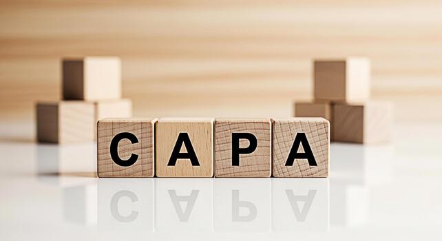 Wooden blocks spelling CAPA on a reflective surface representing Corrective and Preventive Action in a business setting symbolizing quality control and continuous improvement photo