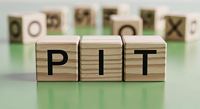 Wooden blocks spelling PIT on a green surface conveying a sense of challenge risk or potential setback in a business or personal context with a focus on overcoming obstacles and achieving success photo
