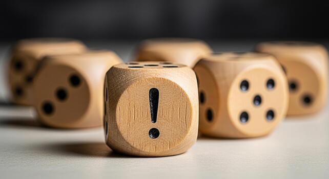 Wooden dice displaying an exclamation mark on a neutral surface symbolizing risk uncertainty and the importance of critical thinking in decisionmaking with a focus on potential problems and solutions photo
