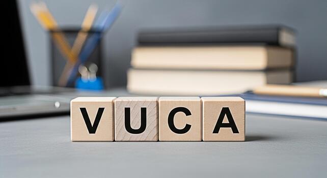 Wooden blocks spelling VUCA on a desk in a modern office environment representing volatility uncertainty complexity and ambiguity in business and strategic planning for future success photo