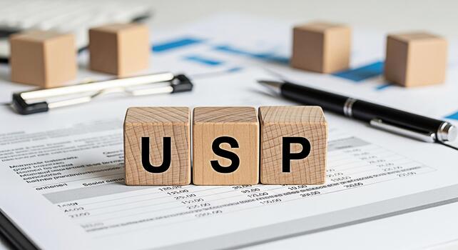 Wooden blocks displaying USP on a financial report surrounded by a pen stapler and blank blocks symbolizing unique selling proposition in a business setting conveying a message of strategy and analysi photo