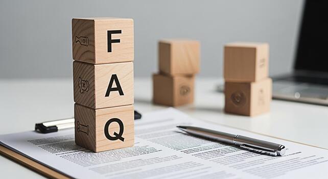 Wooden FAQ blocks stacked on a desk with a pen and document symbolizing information access and customer support in a modern office environment creating a sense of clarity and helpfulness photo