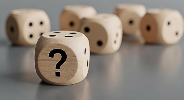 Wooden dice displaying a question mark on a gray surface representing uncertainty and risk in decisionmaking conveying a sense of challenge and the need for strategic thinking in a business context photo