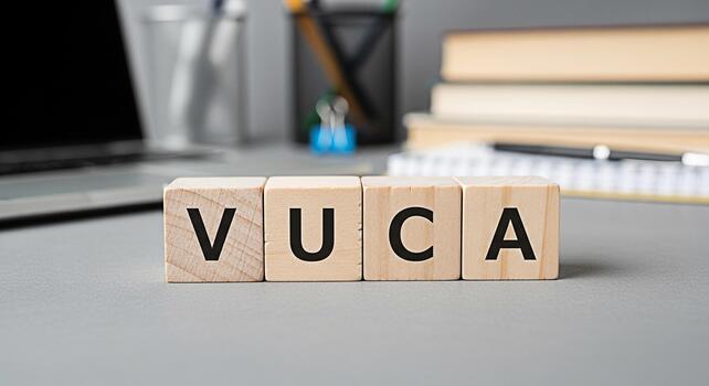 Wooden blocks displaying VUCA on a desk in a modern office representing Volatility Uncertainty Complexity and Ambiguity symbolizing business challenges and strategic planning in a dynamic environment photo