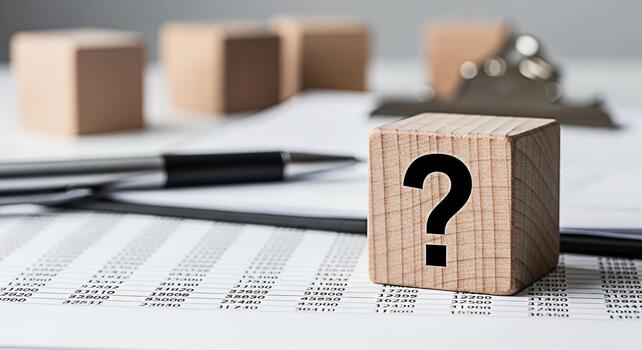 de madera bloquear con un pregunta marca descansando en un financiero reporte en un brillante oficina ajuste simbolizando incertidumbre y el necesitar para análisis en negocio Toma de decisiones y estratégico planificación foto