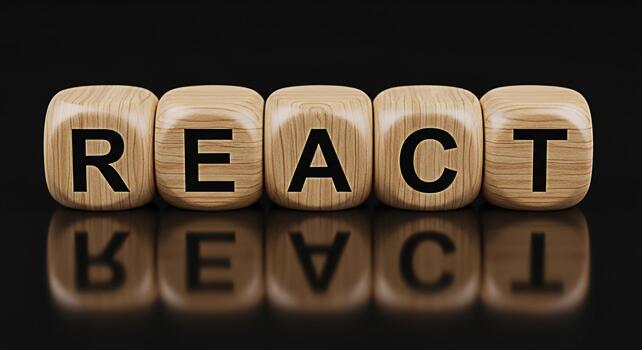 Wooden blocks spelling REACT on a reflective black surface representing a modern JavaScript library for building user interfaces conveying a sense of innovation and technological advancement photo