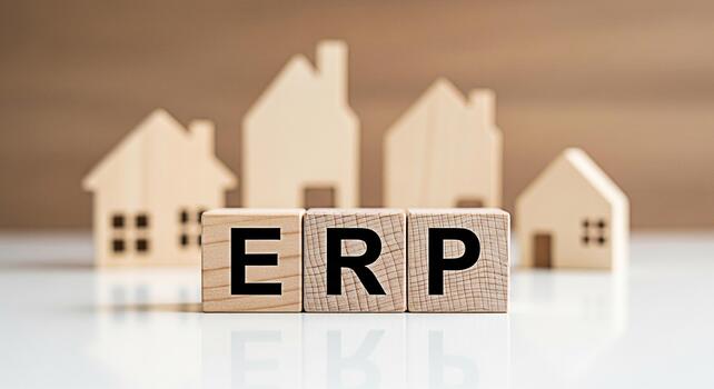 Wooden blocks spelling ERP in a conceptual real estate setting representing enterprise resource planning for property management and financial efficiency in the housing market creating a sense of orga photo