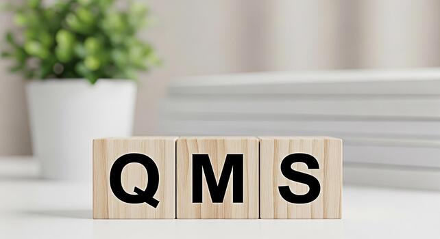 Wooden blocks displaying QMS on a white desk in a bright office representing Quality Management System and a commitment to excellence efficiency and continuous improvement within the organization photo