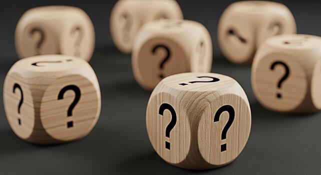 Wooden dice displaying question marks on a dark surface representing uncertainty and the need for answers creating a sense of mystery and intrigue perfect for illustrating complex problems and decisio photo