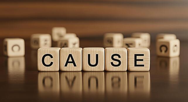 Wooden blocks spelling CAUSE on a reflective surface suggesting reason and motivation in a business setting conveying a sense of purpose and determination for problemsolving and strategic planning photo