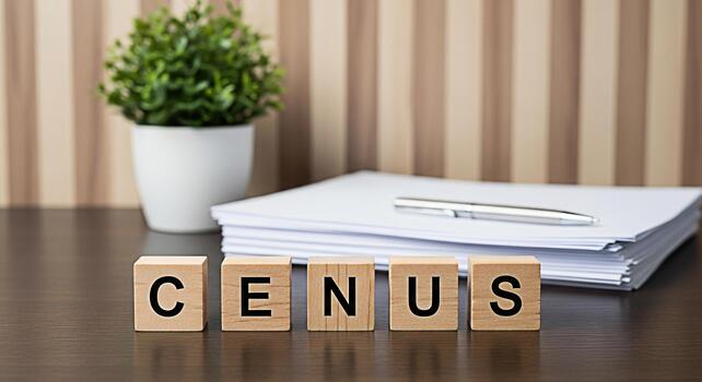 Wooden blocks spelling census on a desk with a stack of papers a pen and a potted plant creating a professional and organized office environment emphasizing data collection and statistical analysis photo