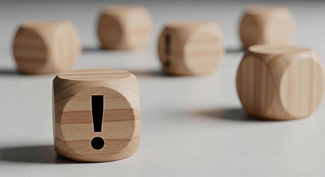 Wooden dice displaying an exclamation point on a white surface drawing attention to a critical issue symbolizing urgency and the need for immediate action in a minimalist and clean environment photo