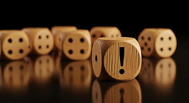 Prominent wooden dice with an exclamation mark standing out from the crowd on a reflective surface symbolizing attention warning and a unique message in a dark and mysterious setting photo
