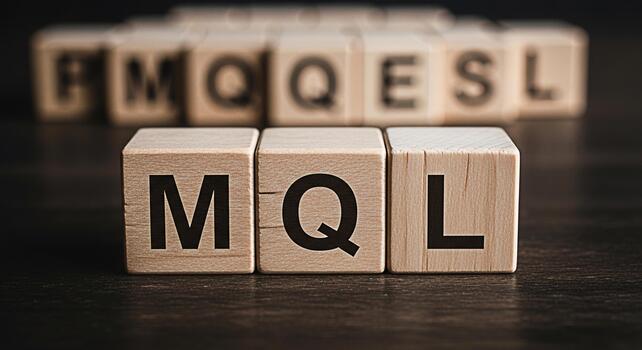 Wooden blocks spelling MQL on a dark wooden surface representing a programming language and database query language conveying a sense of technology data analysis and structured information photo