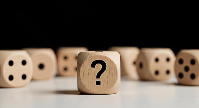 Wooden dice displaying a question mark on a white surface against a dark background symbolizing uncertainty and decisionmaking creating a mysterious and thoughtprovoking atmosphere inviting contemplat photo