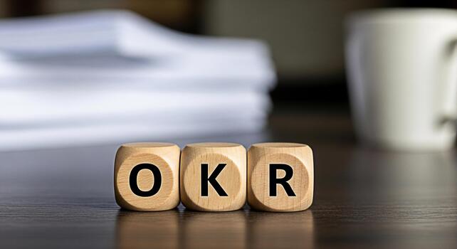Wooden blocks displaying OKR on a dark wooden table in a bright office symbolizing objectives and key results goal setting and strategic planning for business success and performance management photo
