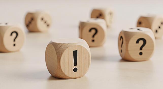 Wooden dice displaying an exclamation mark and question marks on a neutral surface representing problemsolving and decisionmaking in a business context conveying a sense of uncertainty and clarity photo