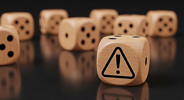 Wooden dice with an exclamation mark warning symbol on a reflective dark surface representing risk assessment and uncertainty in decisionmaking conveying a sense of caution and potential danger photo