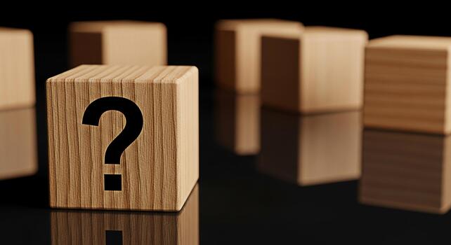 Wooden cube displaying a question mark on a reflective surface surrounded by blurred cubes creating an atmosphere of uncertainty and curiosity ideal for illustrating problemsolving or decisionmaking c photo