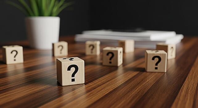 Wooden cubes displaying question marks scattered on a polished wooden desk in a dimly lit office representing uncertainty and the need for answers in business and personal life photo