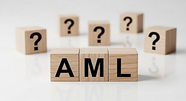 Wooden blocks displaying AML on a white surface surrounded by question mark blocks symbolizing AntiMoney Laundering compliance and raising questions about financial regulations and security in busines photo