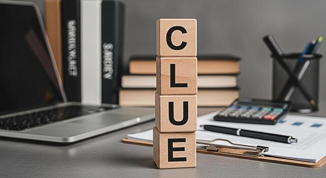 Wooden blocks spelling CLUE on a modern office desk with laptop books and financial documents representing problemsolving investigation and analytical thinking in a professional environment photo