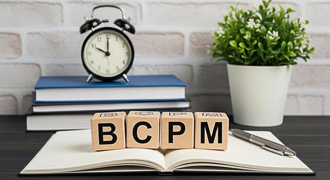 Wooden blocks spelling BCPM on an open notebook with a pen books alarm clock and plant against a brick wall symbolizing business continuity planning and management in a modern office environment photo