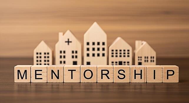 Wooden blocks spelling Mentorship in a warm inviting setting with miniature house models symbolizing guidance and support in building a successful future fostering a sense of community and growth photo