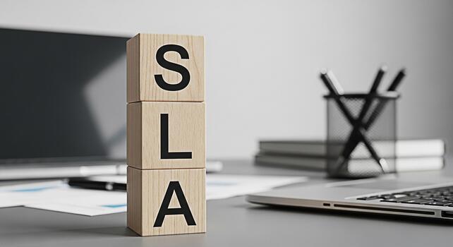 Wooden blocks displaying SLA on a modern office desk with laptop and documents representing Service Level Agreement commitment and business partnership in a professional and collaborative environment photo