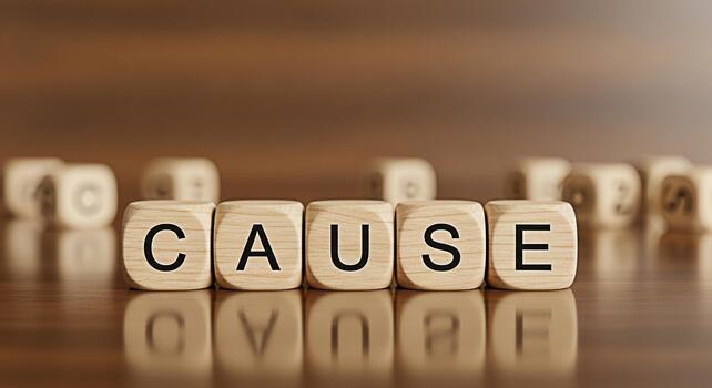 Wooden blocks spelling CAUSE sitting on a wooden surface representing the concept of reason origin and motivation in a warm inviting setting emphasizing the importance of understanding the root of iss photo