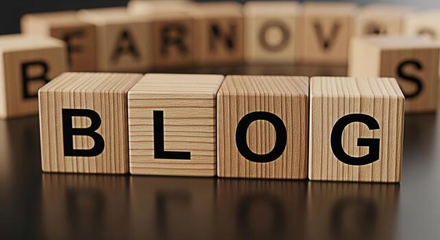 Wooden blocks spelling out BLOG on a reflective surface conveying a sense of information knowledge and online communication in a modern and minimalist setting ideal for website content and marketing m photo