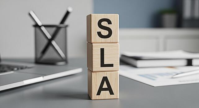 Wooden blocks displaying SLA on a modern office desk symbolizing Service Level Agreement representing commitment quality assurance and business partnership in a professional and collaborative environm photo