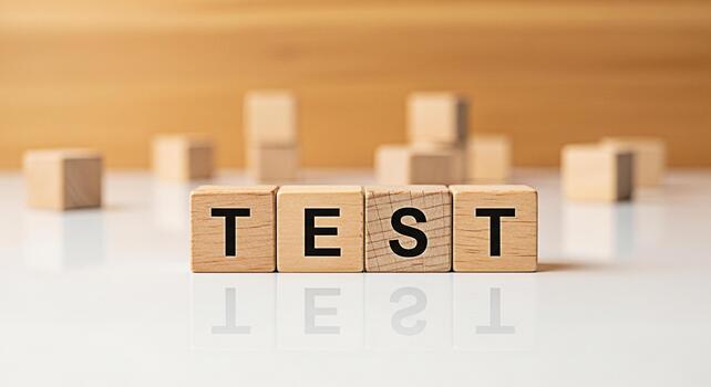 Wooden blocks spelling TEST on a white surface reflecting the word with a blurred wooden background representing examination evaluation and assessment in a simple and clean studio setting photo
