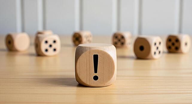 Wooden dice with an exclamation mark standing out on a wooden table symbolizing attention warning or a critical decision in a game of chance conveying a sense of risk and uncertainty photo