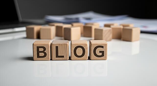 Wooden blocks spelling BLOG on a reflective white surface in a modern office setting symbolizing online content creation and sharing with a clean and minimalist aesthetic photo