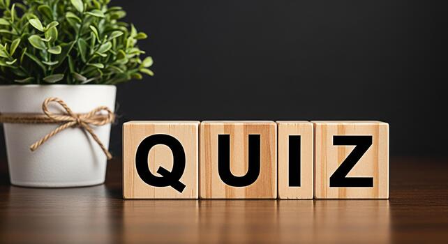 Wooden blocks spelling QUIZ on a dark wooden table next to a potted plant representing knowledge testing and educational assessment in a bright and engaging learning environment photo