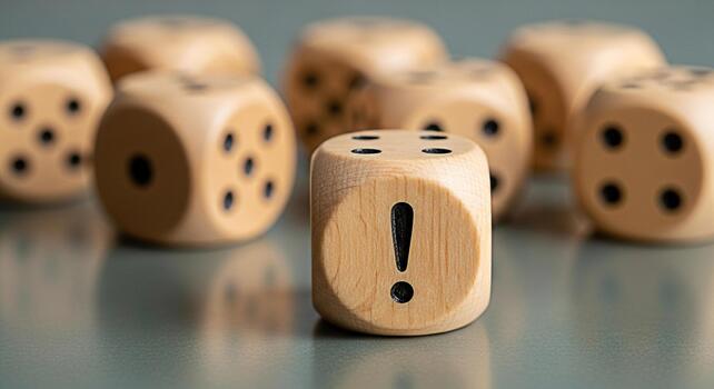 de madera dado mostrando un exclamación marca en un reflexivo superficie simbolizando riesgo y incertidumbre en Toma de decisiones creando un sentido de urgencia y potencial peligro en un juego de oportunidad foto