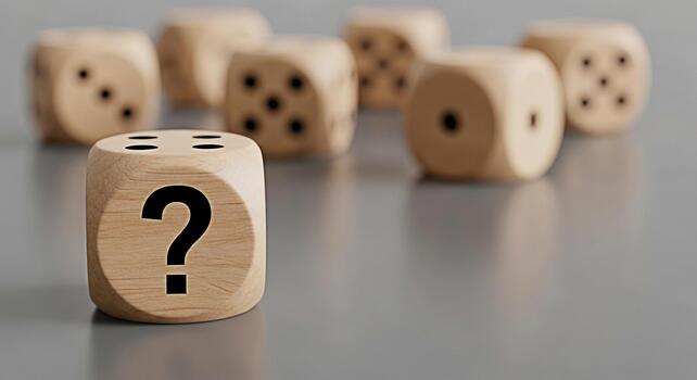 Wooden dice displaying a question mark on a gray surface representing uncertainty and decisionmaking creating a sense of curiosity and challenge in a minimalist and clean environment photo