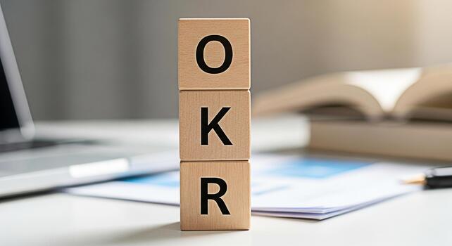 Wooden blocks displaying OKR acronym on a bright office desk symbolizing Objectives and Key Results a strategic framework for goal setting and performance tracking fostering a culture of achievement a photo