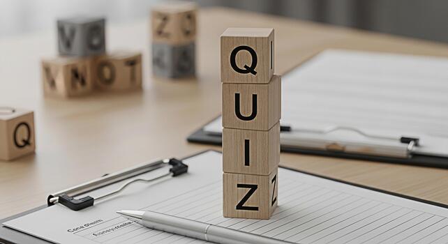 Wooden blocks spelling QUIZ stacked on a clipboard with a pen in a bright modern office environment representing knowledge testing education and interactive learning experiences photo