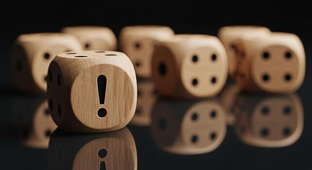 de madera dado mostrando un exclamación marca soportes fuera entre otros en un reflexivo superficie simbolizando riesgo advertencia y el importancia de atención a detalle en un Altas estacas ambiente foto