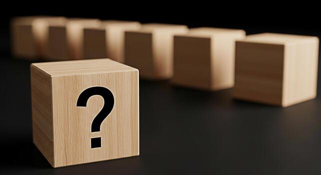 Wooden block displaying a question mark stands out from a row of blurred blocks on a dark surface symbolizing uncertainty problemsolving and the search for answers in a minimalist setting photo