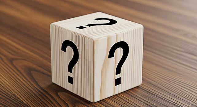 Mysterious wooden cube displaying question marks on a wooden surface symbolizing uncertainty and inquiry inviting viewers to ponder solutions and explore the unknown with a sense of curiosity and intr photo
