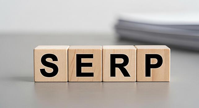 Wooden blocks displaying SERP on a gray surface representing search engine results page optimization and the concept of online visibility and ranking in a clean minimalist environment photo