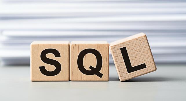 Wooden blocks spelling SQL on a table in a bright office environment representing database management and structured query language for data analysis and efficient information retrieval with a clean m photo