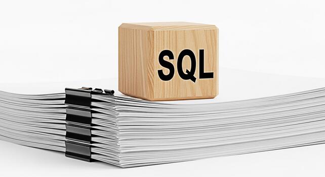 Wooden cube displaying SQL on a stack of documents with binder clips in a bright studio representing database management and structured query language concepts for data organization and information re photo