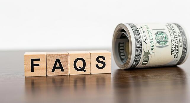Wooden blocks spelling FAQs sit beside a roll of US hundred dollar bills on a wooden table representing financial frequently asked questions and money management concepts in a bright clean setting photo