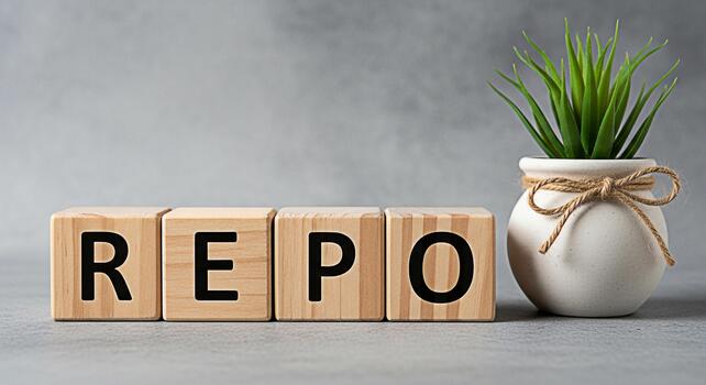 Wooden blocks spelling out REPO in a minimalist studio setting symbolizing financial repossession and recovery with a touch of hope and growth represented by a small potted plant photo